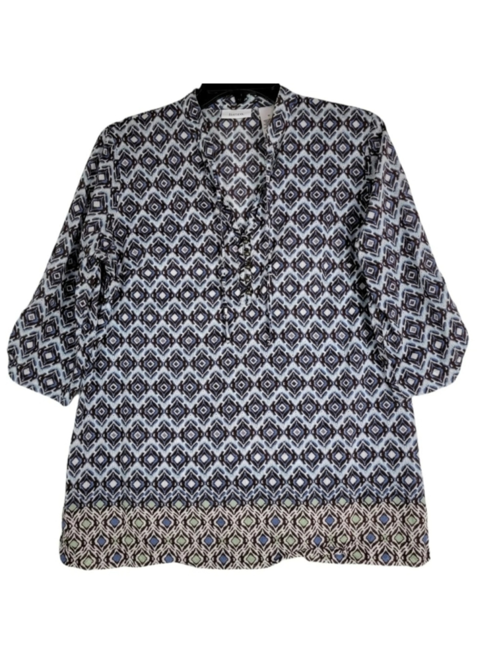 Liz & Co Womens Blue Geometric 3/4 Sleeve Tie Neck Blouse Top